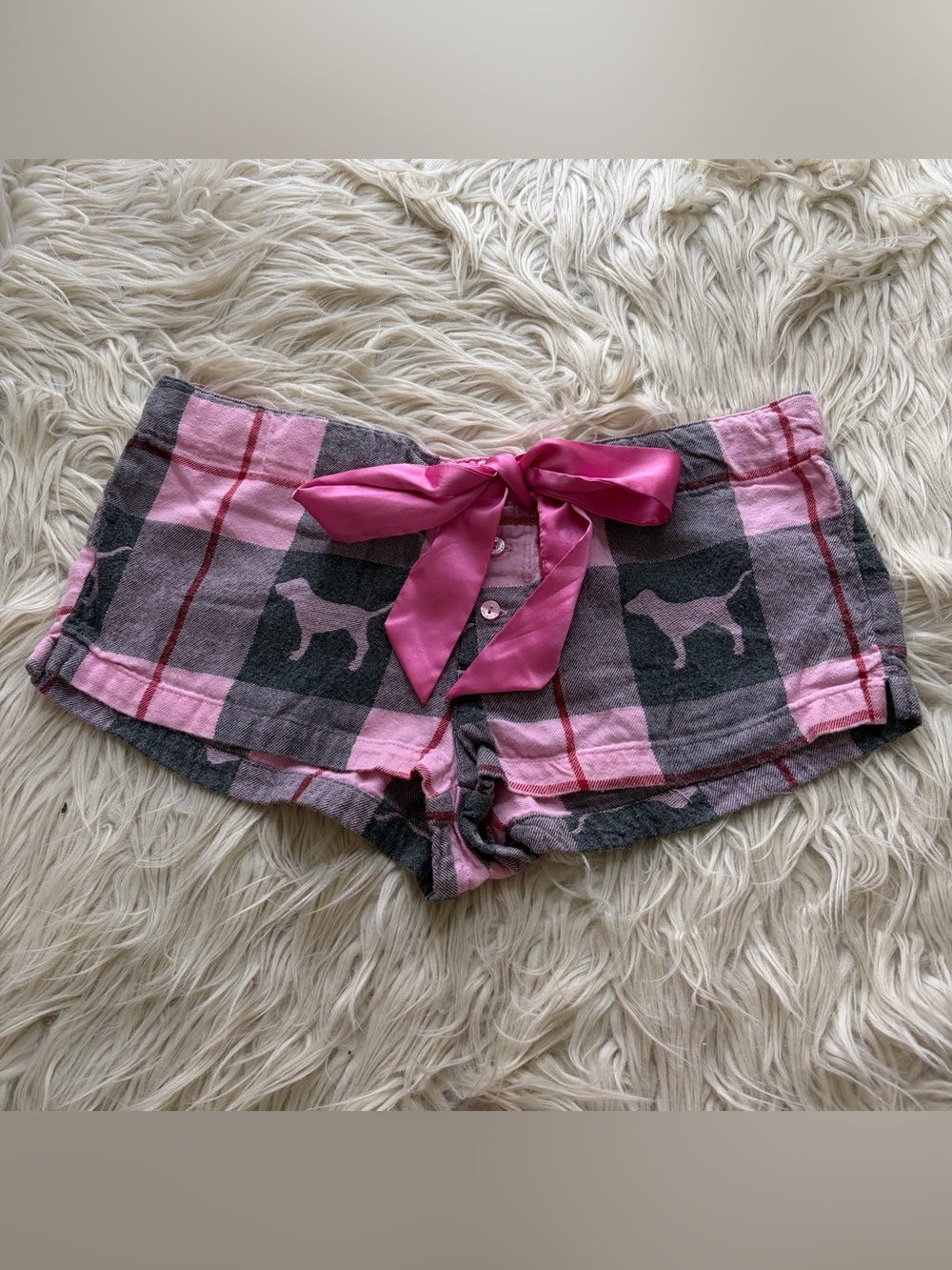 Vintage Y2K Pink Victoria’s Secret Flannel Plaid Dog Pajama Micro Shorts Size XS